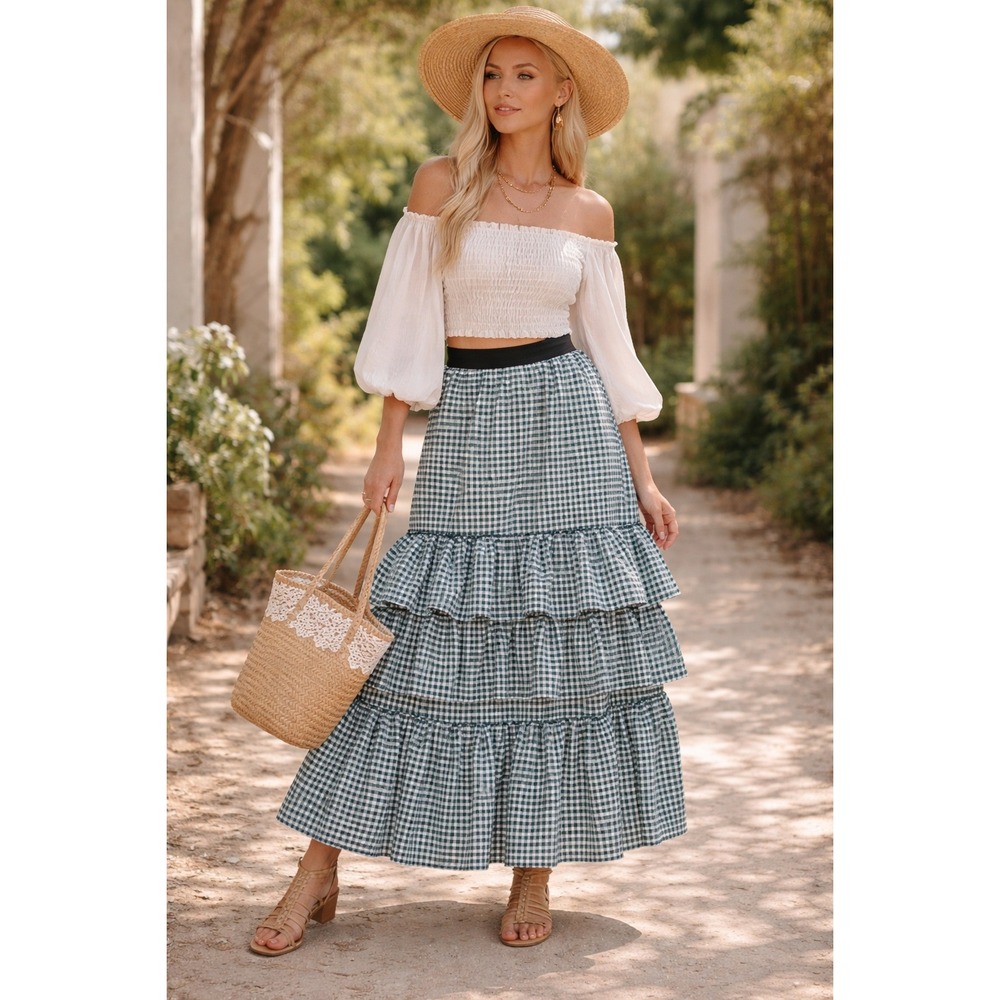 TOV Los Angeles Green Gingham Tiered Ruffle Maxi Skirt NWT Size‎ 42